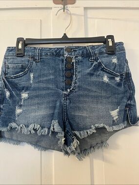 Almost Famous Distressed Blue Denim Button-Front Shorts
